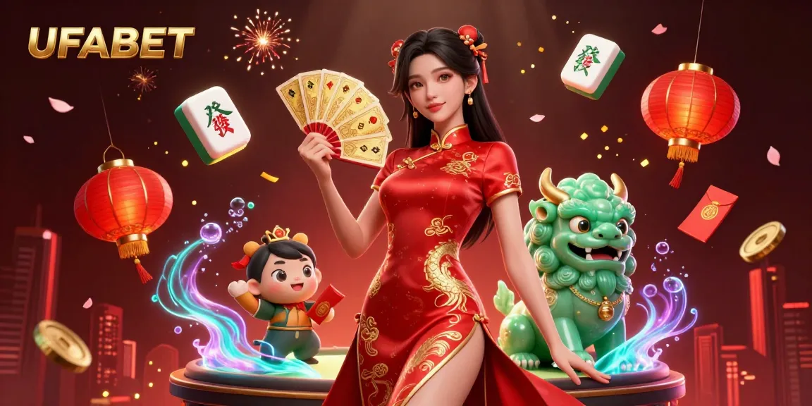 Experience the thrill of UFABET with a vibrant scene featuring a woman holding cards, jade lion, and festive elements.