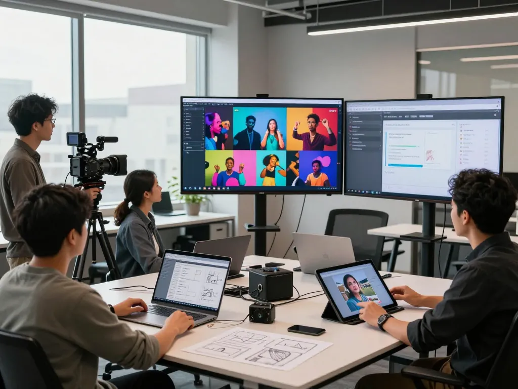 Dynamic team using Seedance AI to create captivating videos in a modern workspace.