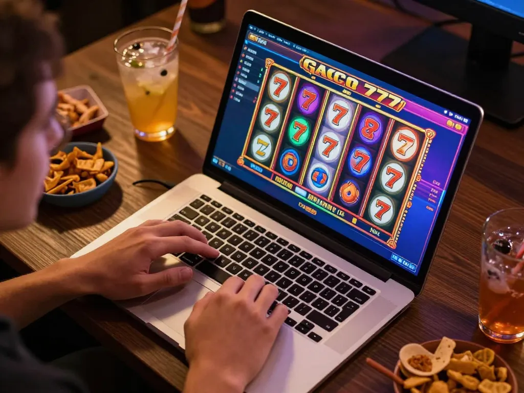 Player engaging with slot gacor 777 game on laptop, bright visuals and snacks around.