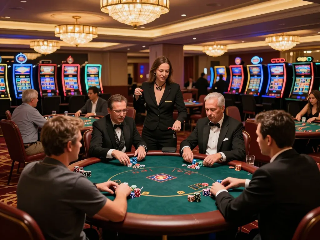 Luck8 players strategizing at a poker table, showcasing an engaging casino atmosphere.