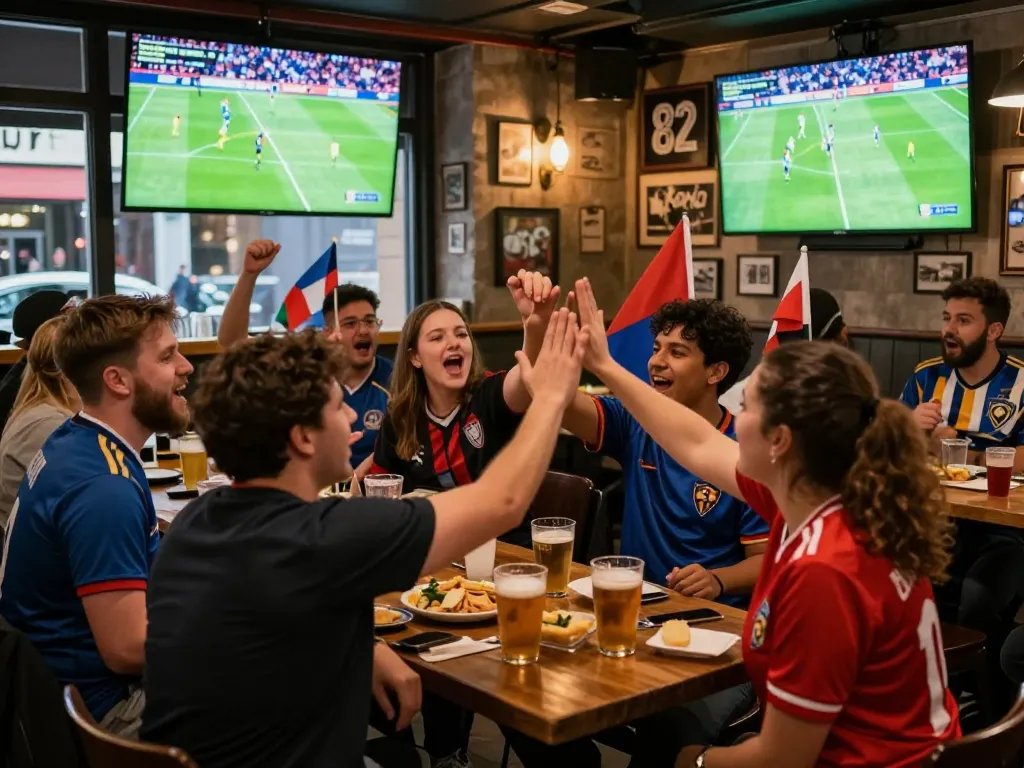 Fans cheering while watching ดูบอล in a lively urban pub during a football match