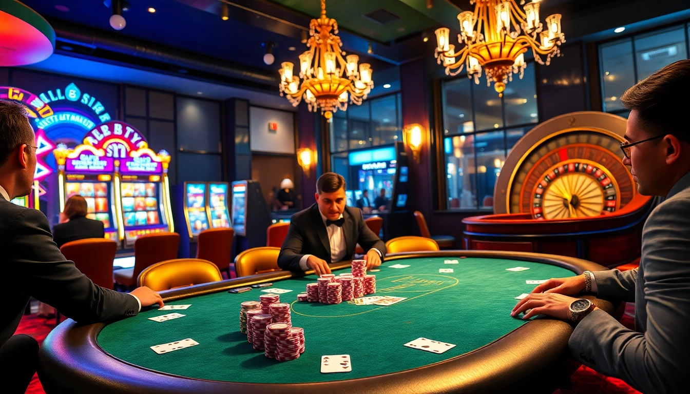 SODO casino scene with high-stakes poker, vibrant slot machines, and elegant ambiance