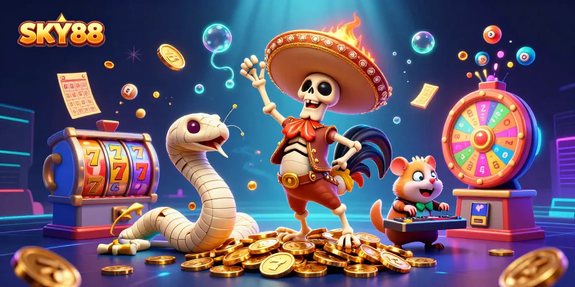 Engage in thrilling games at SKY88 with vibrant illustrations of winnings and festive elements.