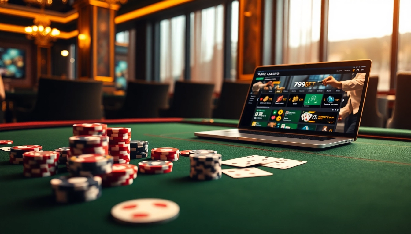 Experience the excitement of 789BET with a luxurious casino scene showcasing gambling tables and online gaming.