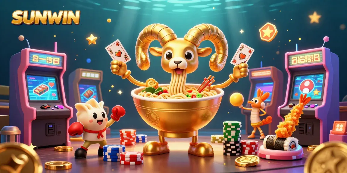 SUNWIN features a giant ramen bowl dealing cards and chips in a vibrant casino setting.