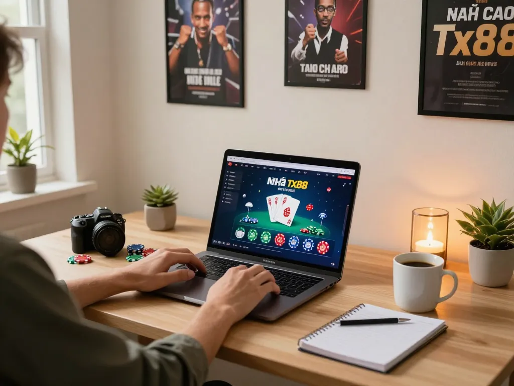 Exciting online gaming session on Nhà cái Tx88 with poker strategy notes in a cozy setup.