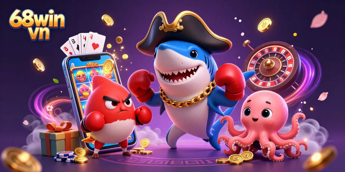 Experience thrilling adventures with 68win vn as a pirate shark and friends discover vibrant slot games and gold coins.