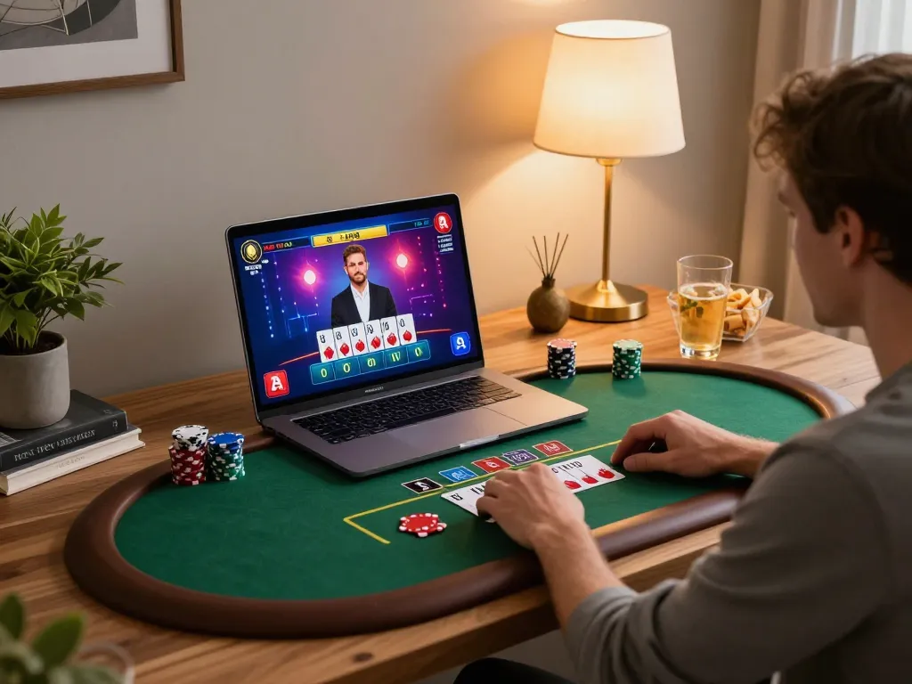 Experience exciting online gambling with lu88 while playing blackjack on a stylish laptop setup.