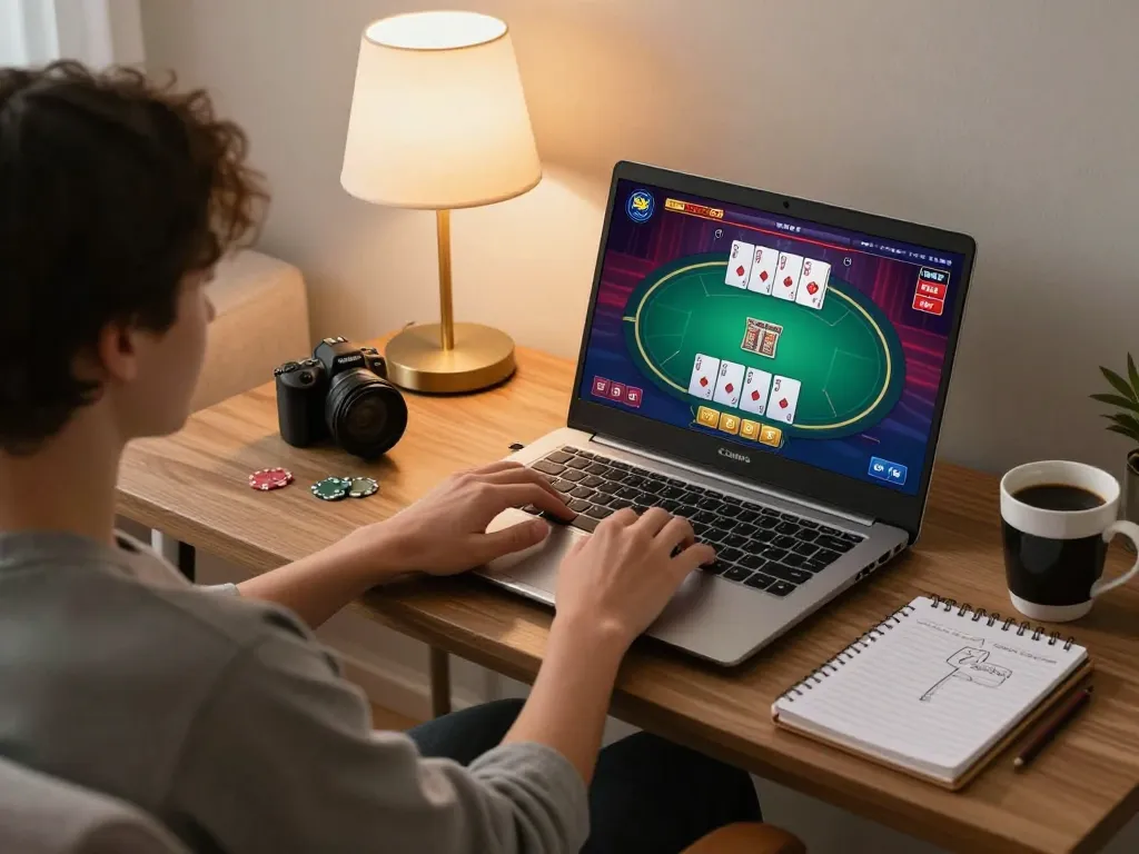 hit club player strategizing during online casino gaming with cozy setup