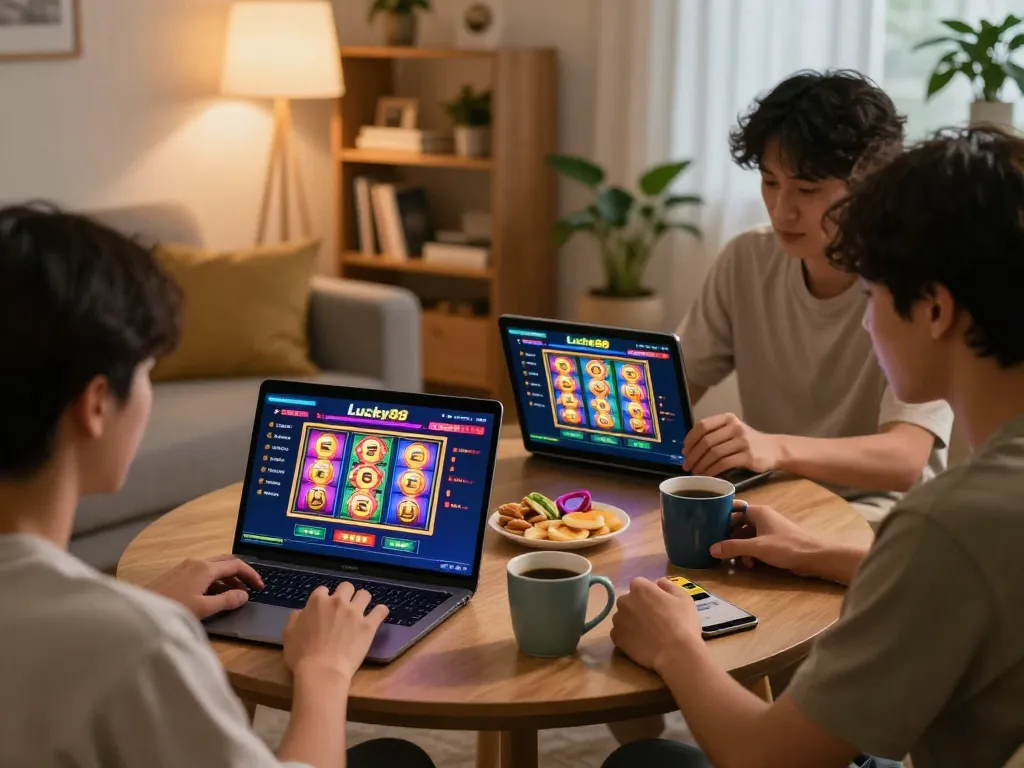 Experience the excitement of Lucky88 online slots with players enjoying their gaming session at home
