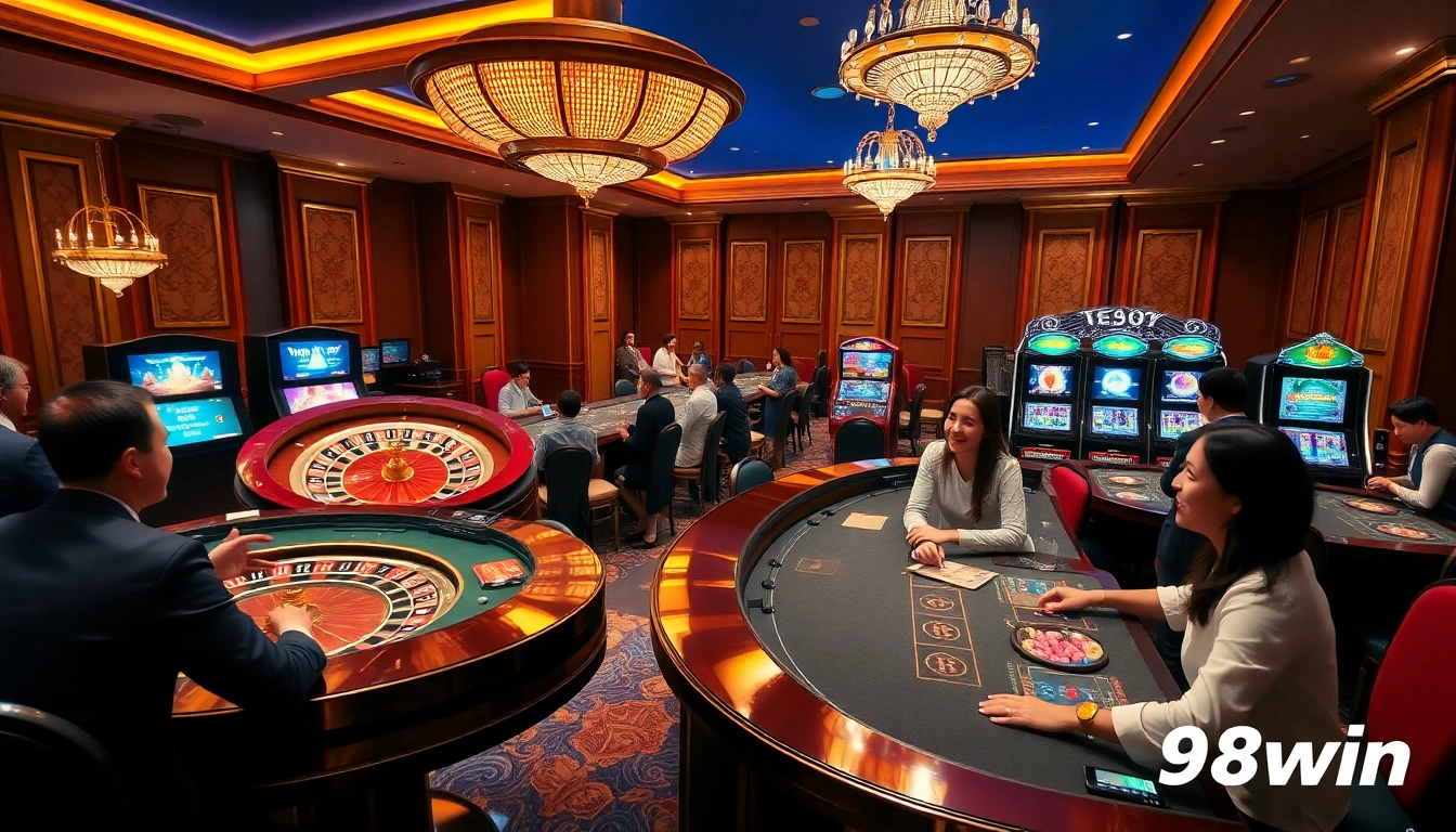Gamblers enjoying an exciting moment at 98win's luxurious online casino, featuring roulette and poker.