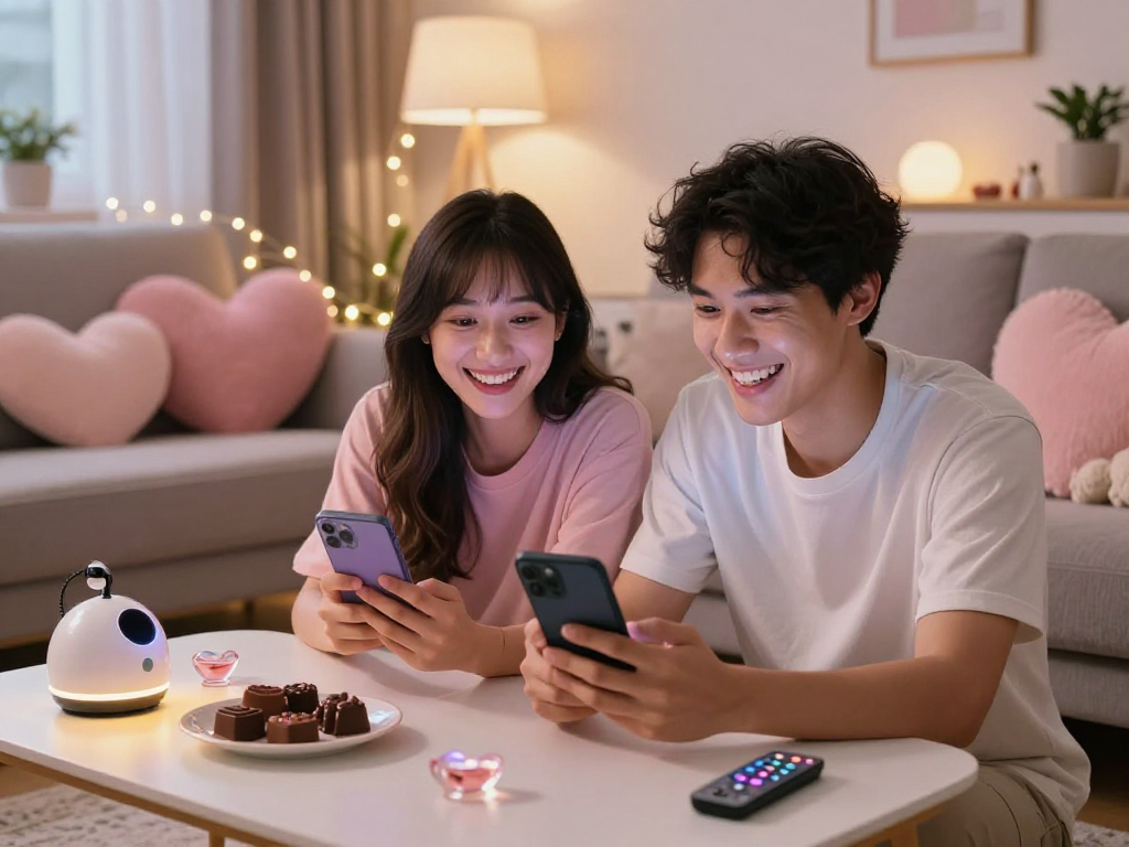 Couple enjoying ai chat porn on smartphones in a cozy living room