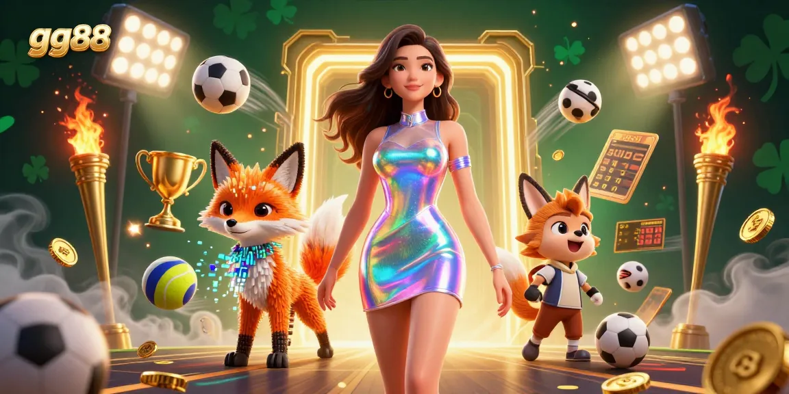 Bet on gg88 with a vibrant scene depicting a woman in a holographic dress and a pixelated fox, radiating excitement.