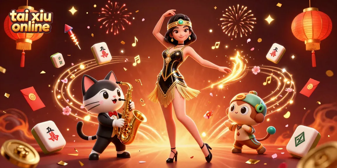 Engage with tai xiu online in this vibrant, festive casino setting featuring characters and game elements.