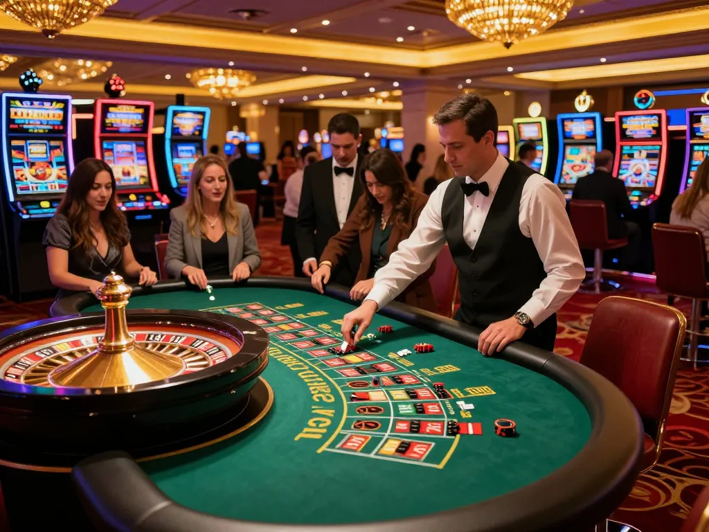Players engage in thrilling roulette betting at a lively casino floor, showcasing tic88's excitement.