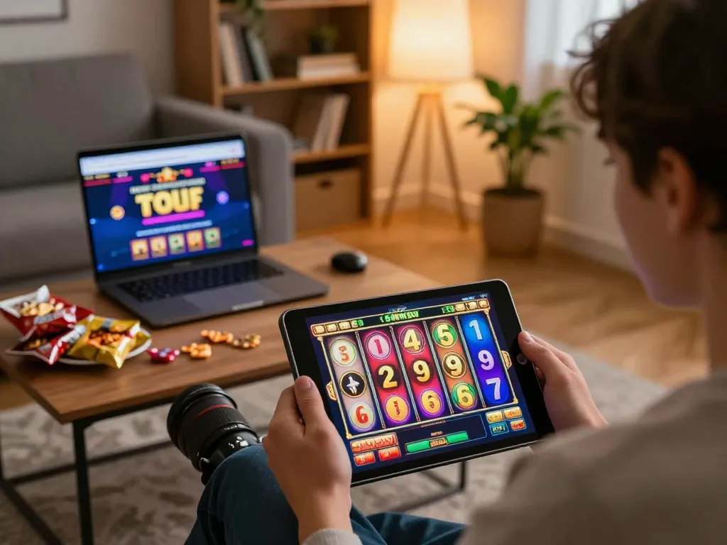 Engaging with Slot Malaysia games on a tablet in a cozy home setting with snacks and a laptop nearby.