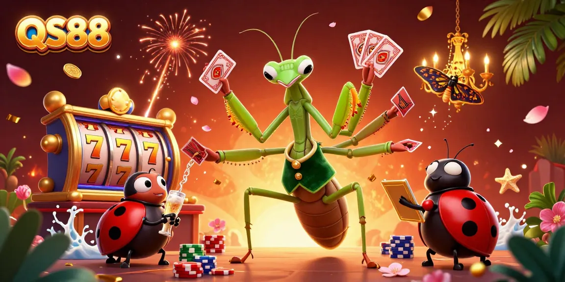 Experience thrilling gameplay at QS88 with a dynamic illustration of casino activities, vibrant characters, and exciting game elements.