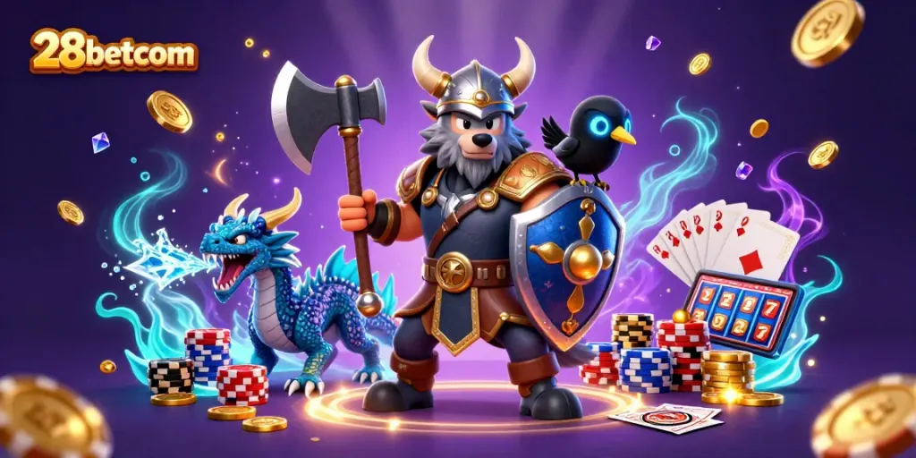 Engage with thrilling gameplay at 28betcom featuring Viking warriors and slot machines.