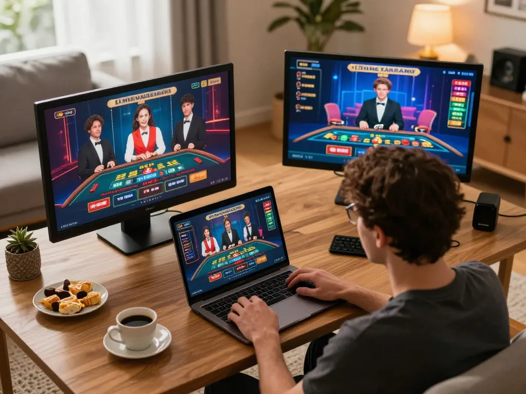 Player enjoys live dealer games on new88, showcasing engaging gaming experience in a cozy home