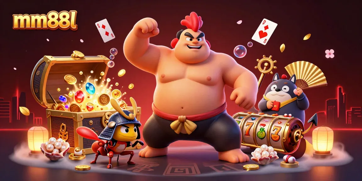 Engaging scene of mm88l featuring an enormous sumo wrestler rooster, fierce samurai cricket, and tanuki announcer in a casino setting.