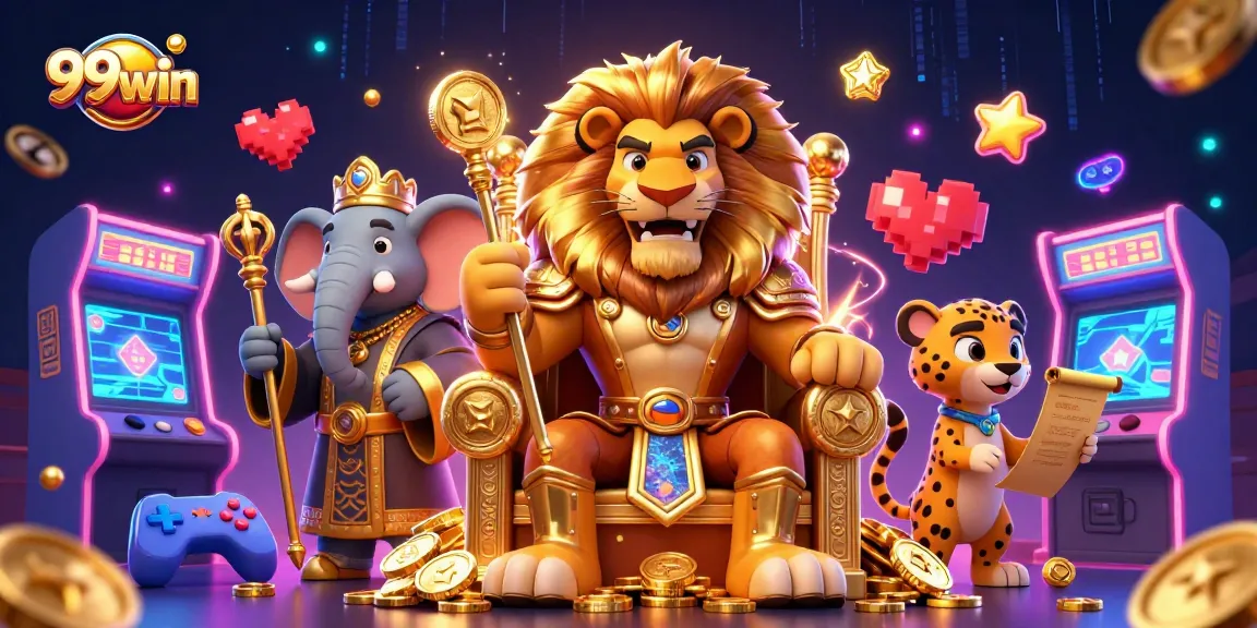 Experience 99win at the dynamic casino scene with a lion king and vibrant gaming elements.