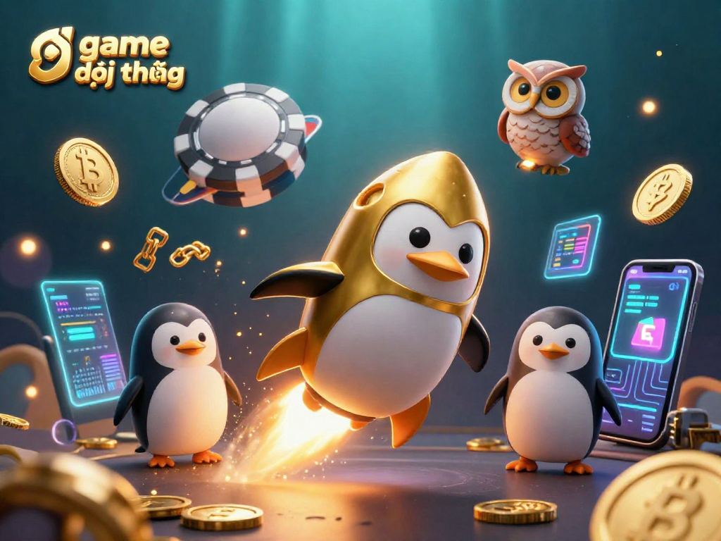 Engage in game đổi thưởng with a vibrant 3D illustration featuring a golden penguin and crypto elements.
