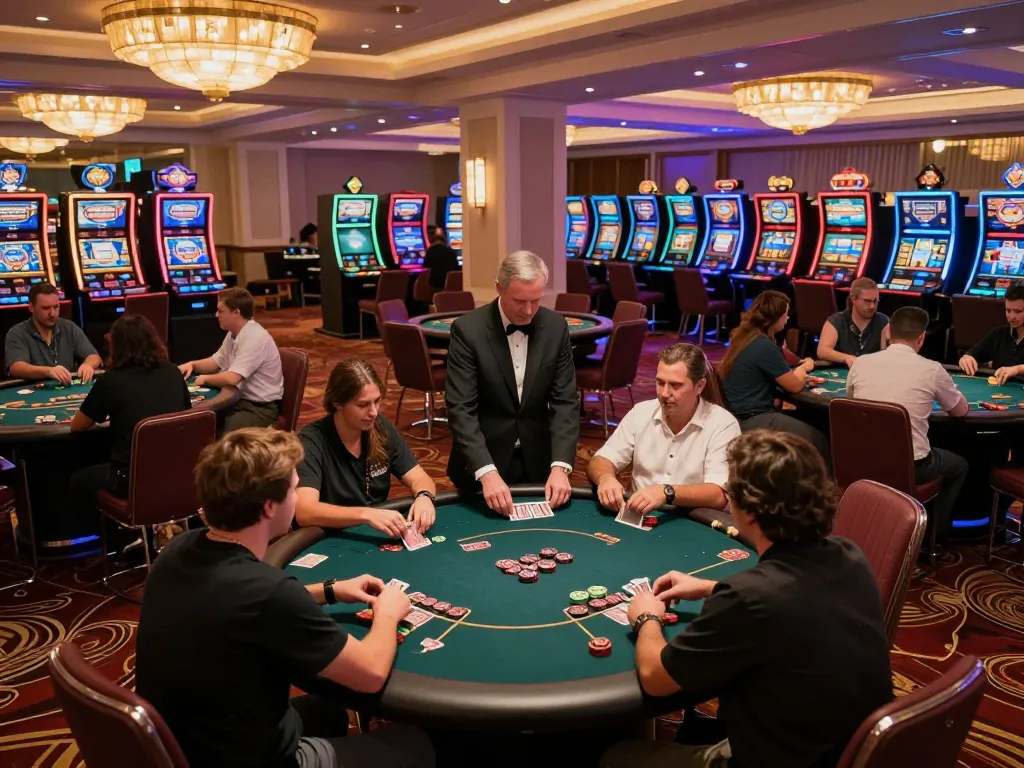 Players engaging with bl555 poker tables in a lively casino atmosphere, showcasing excitement and strategy.