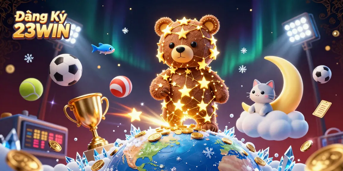 Engage with Đăng Ký 23WIN through a vibrant 3D casino scene displaying stellar characters and dynamic sports elements.