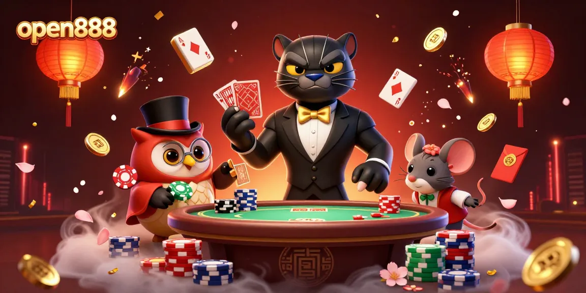 Experience exciting poker action with open888, featuring elegant characters and vibrant casino elements.