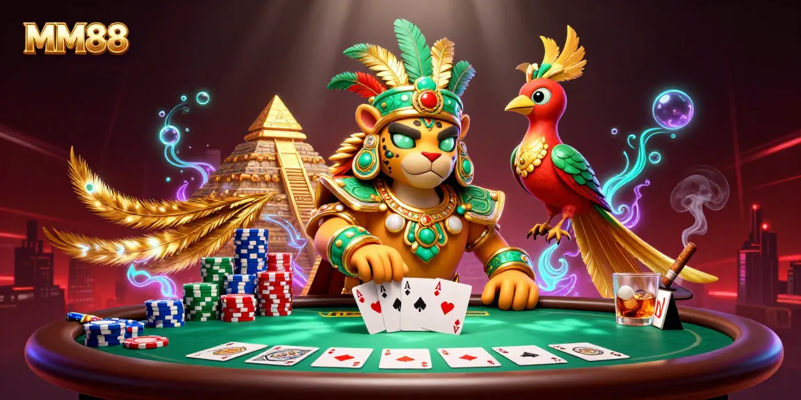 Experience exhilarating gaming with MM88 featuring jocular Mayan priest and poker elements.
