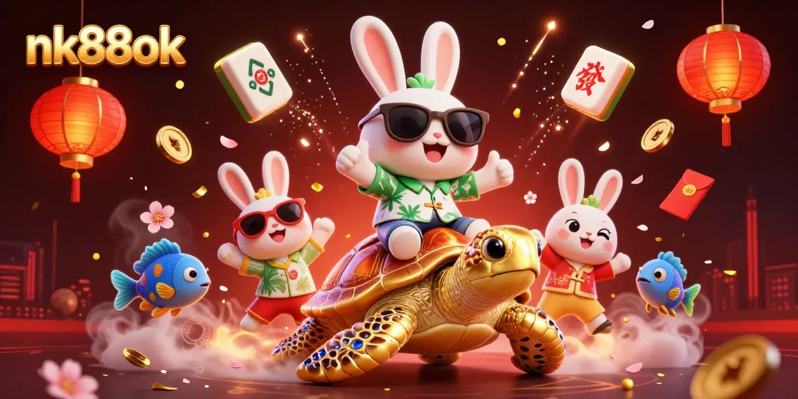Join the fun at nk88ok with a lucky rabbit and sea turtle in a vibrant casino adventure.