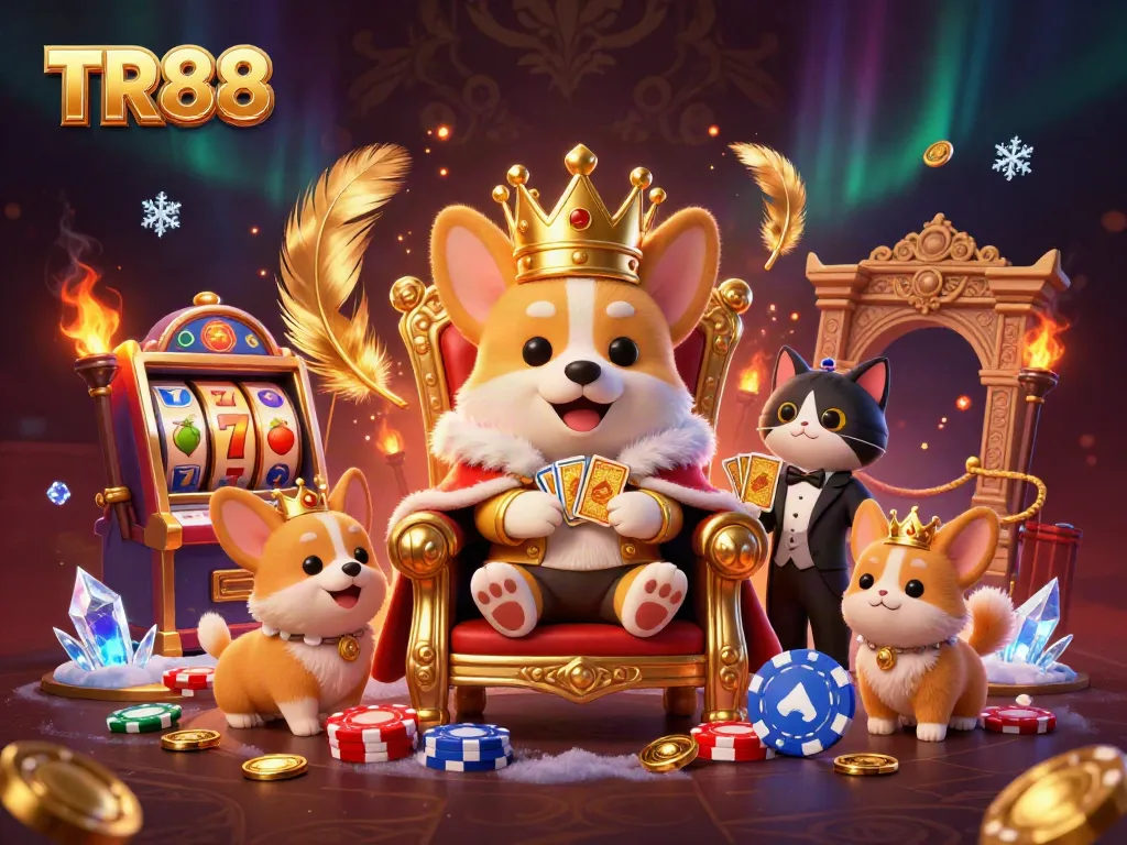 Experience the excitement of TR88 with a royal corgi, cat butler, and gaming elements in a lavish scene.