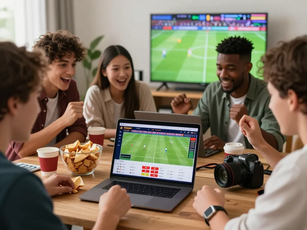 Excited friends using the Fabet platform for online sports betting, showcasing camaraderie and fun.