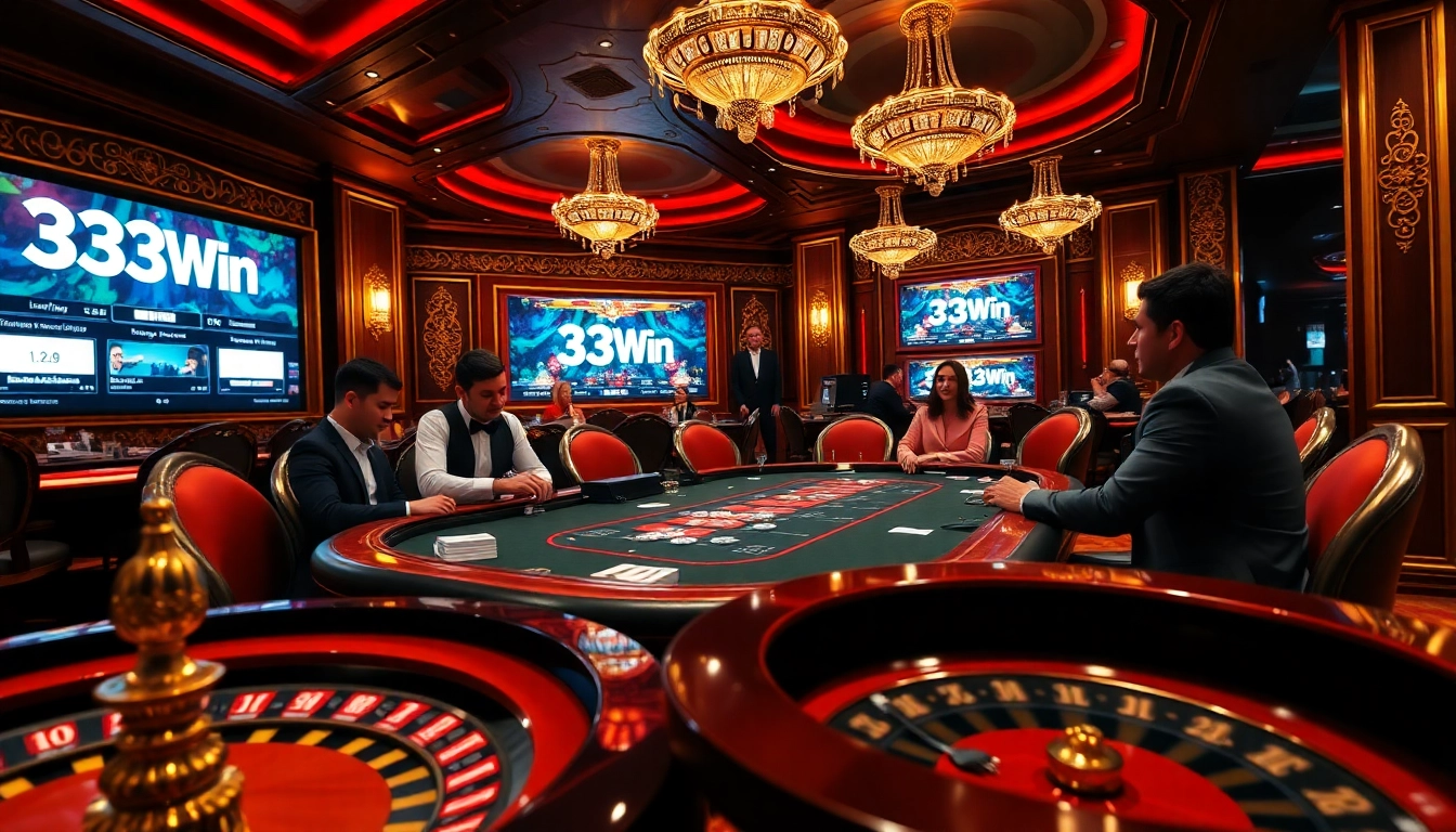 Engaged players enjoying a game of poker at a luxurious casino table with 33Win branding.