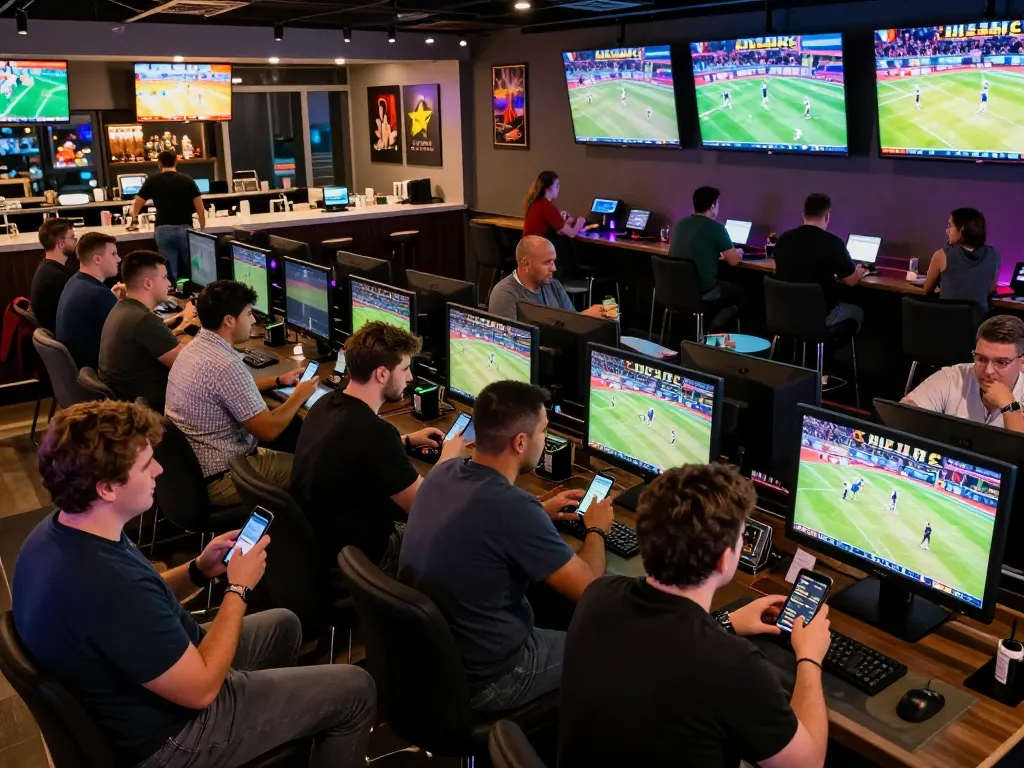Sports betting enthusiasts engaged in strategic gameplay with nhandinhkeonhacai app, vibrant lounge atmosphere.