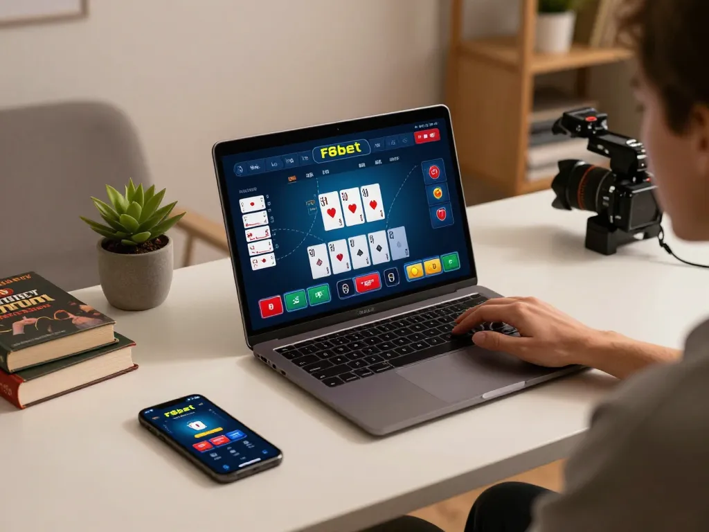 Player using f8bet laptop for online poker in a cozy home office setting.