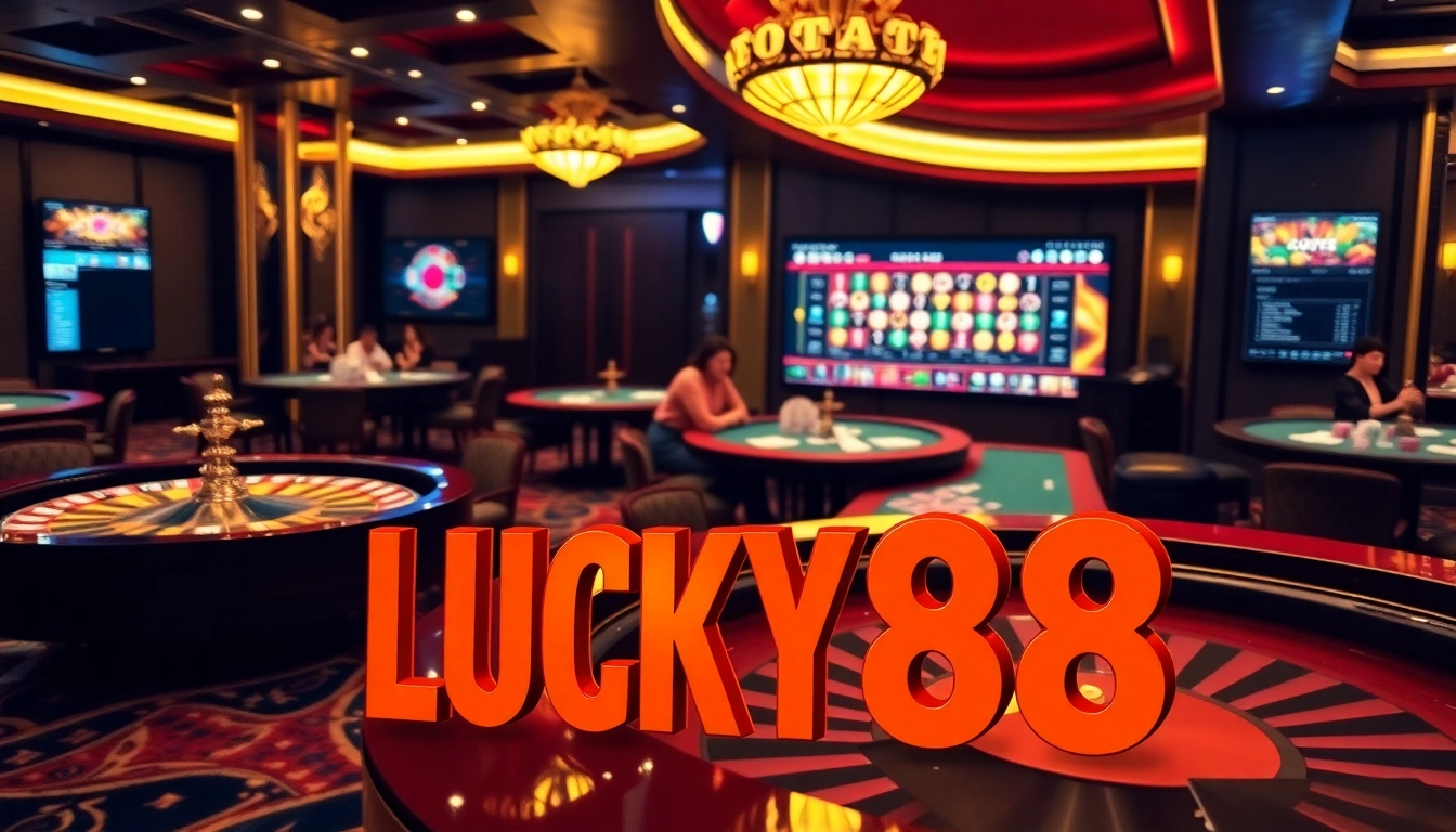 Experience the thrill of LUCKY88 as players engage around a vibrant casino table setup.