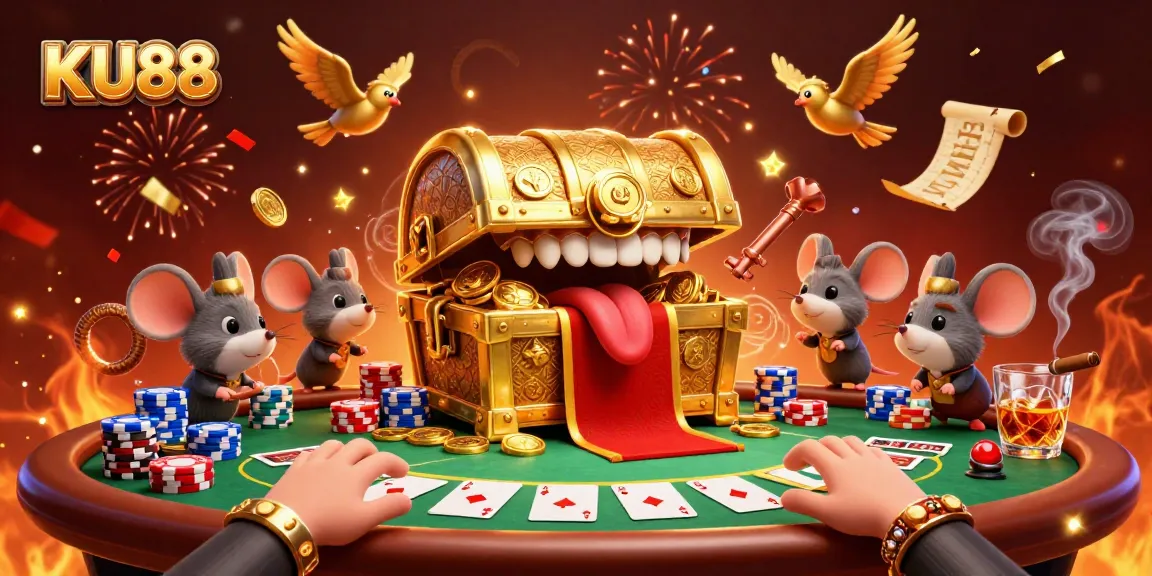 Engage with KU88's thrilling casino adventure, featuring treasure chests and poker excitement.