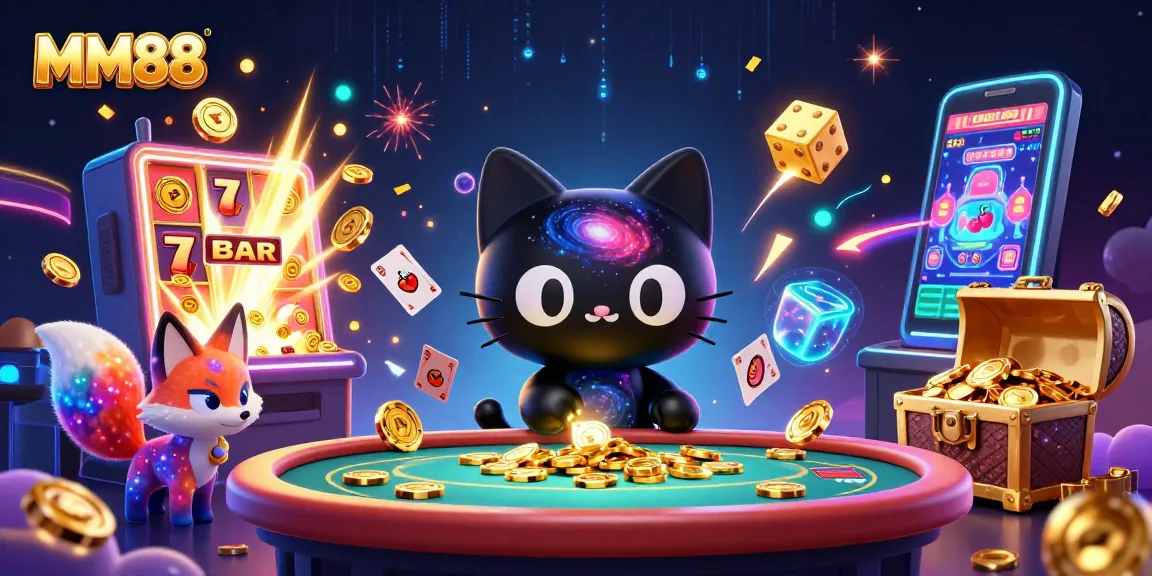 Experience the excitement of MM88 with a captivating casino scene featuring cosmic characters and jackpot elements.