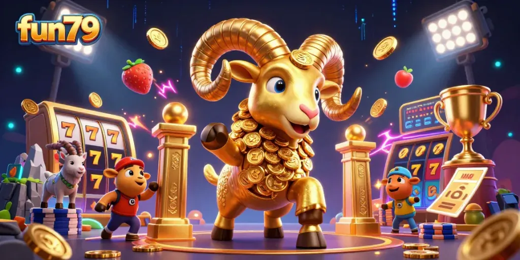 Experience the thrill of fun79, featuring dynamic slots and a golden ram charging through a vibrant casino scene.