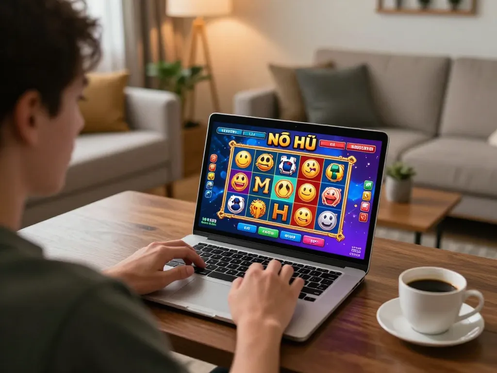 Nổ Hũ gameplay on laptop in a cozy home setting with colorful game graphics visible