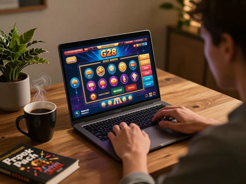 Engaged player exploring g28 online casino gaming on their laptop, illustrating home gambling.