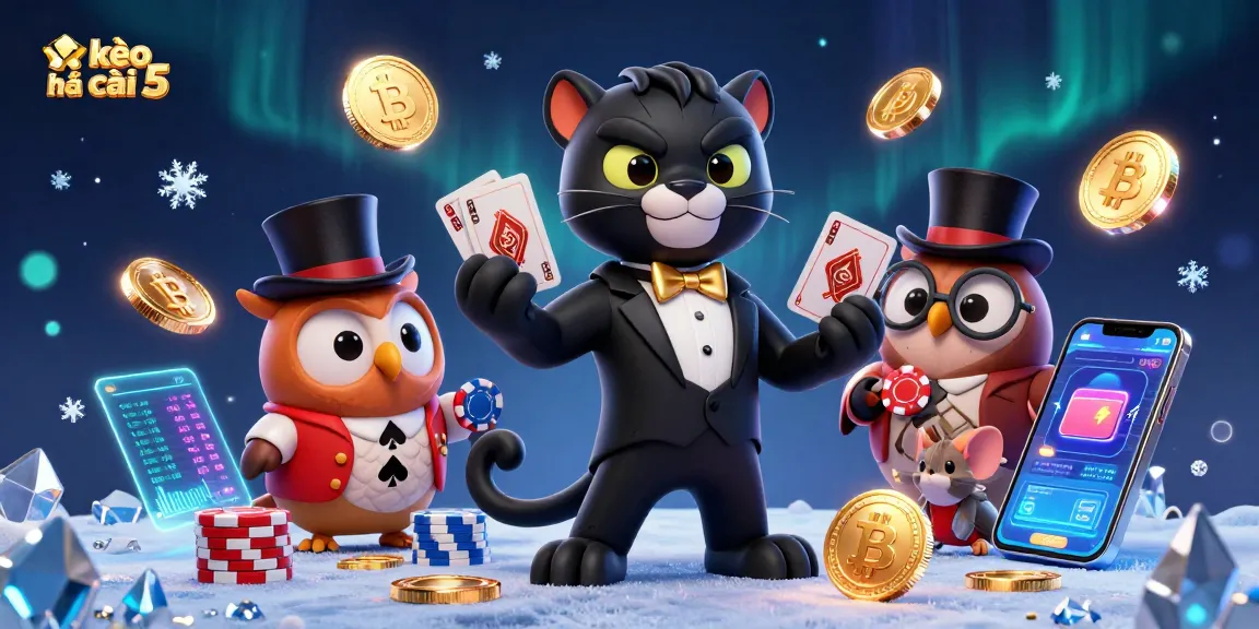 Engage with kèo nhà cái 5 in this vibrant 3D casino scene, featuring playful characters and crypto elements.