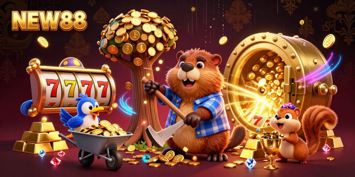 Experience the thrill of NEW88 with vibrant slot reels and golden treasure in this captivating casino scene.
