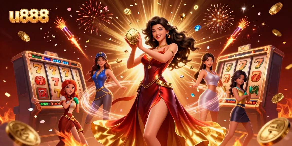Experience the thrill of u888 with golden coins and slots, celebrating big wins in a vibrant scene.