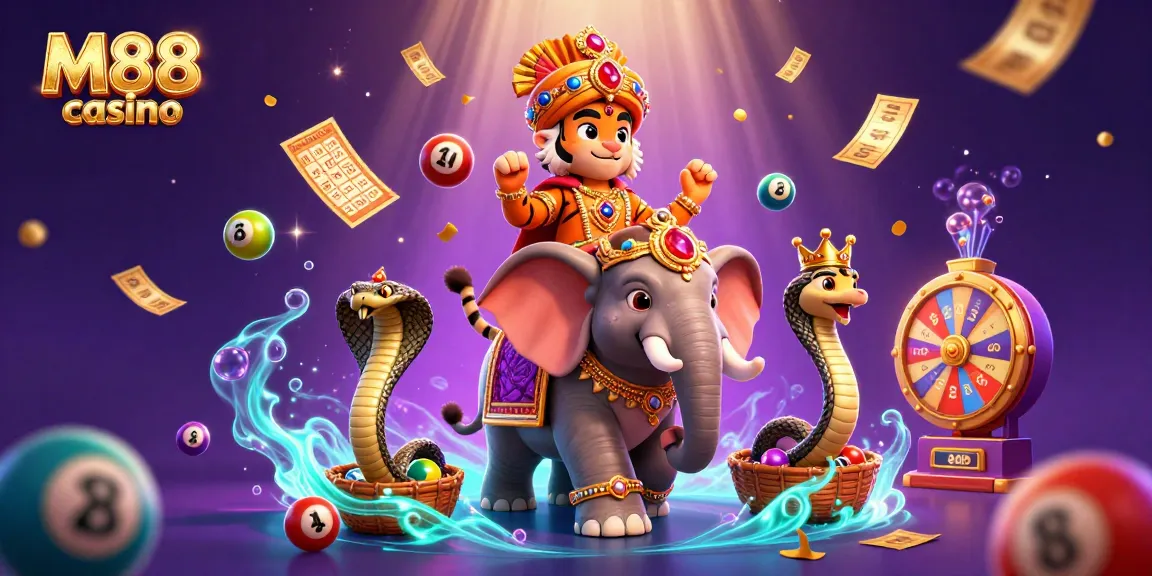 M88 casino offers vibrant gameplay illustrated by a tiger and an elephant amidst exciting game elements and prizes.