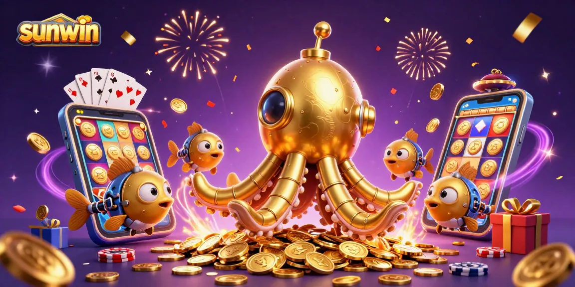 Experience winning with sunwin's vibrant casino games illustrated by a golden kraken and mechanical fish.