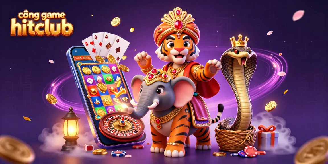 Engage in thrilling gaming at cổng game hitclub with a vibrant 3D illustration of a tiger and jewel elements.