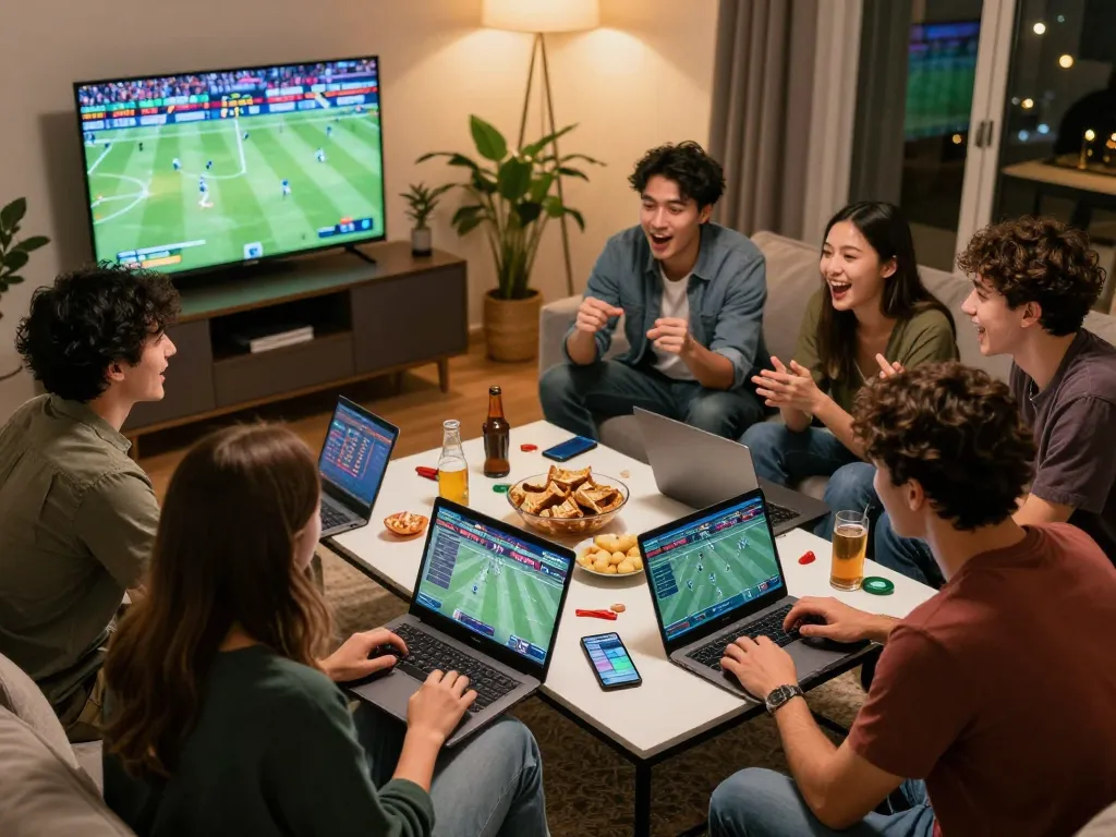 Friends placing bets on the go8 platform during an exciting sports game at home