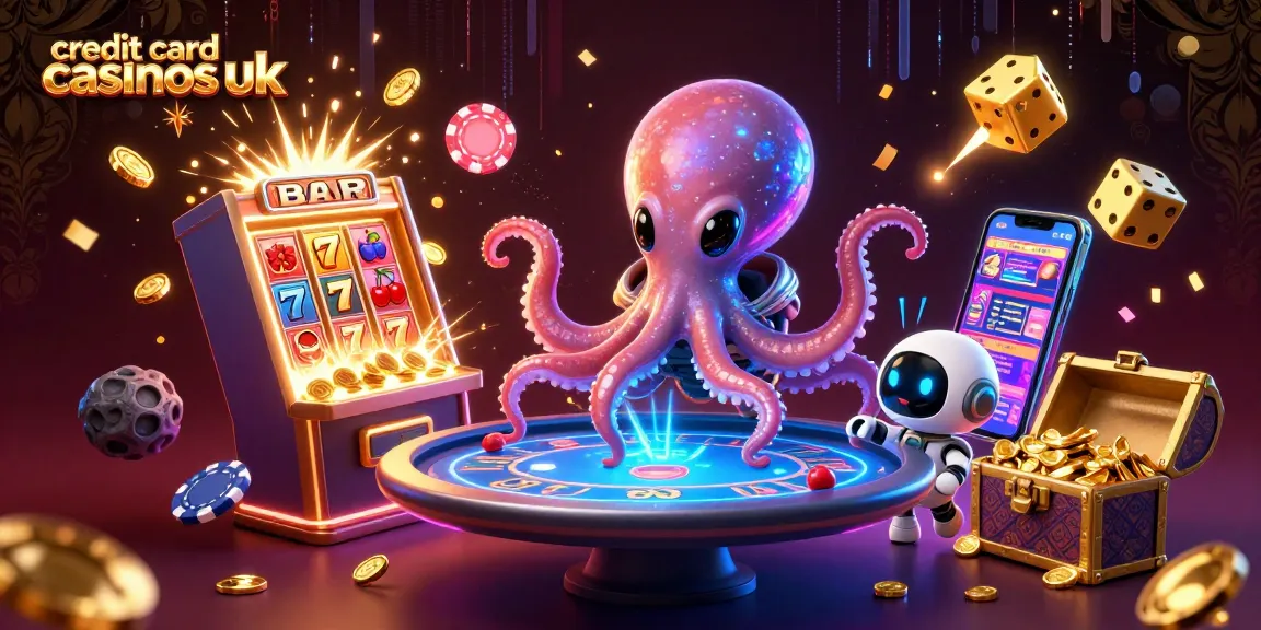 Engaging scene of credit card casinos UK featuring cartoon alien octopus and poker elements